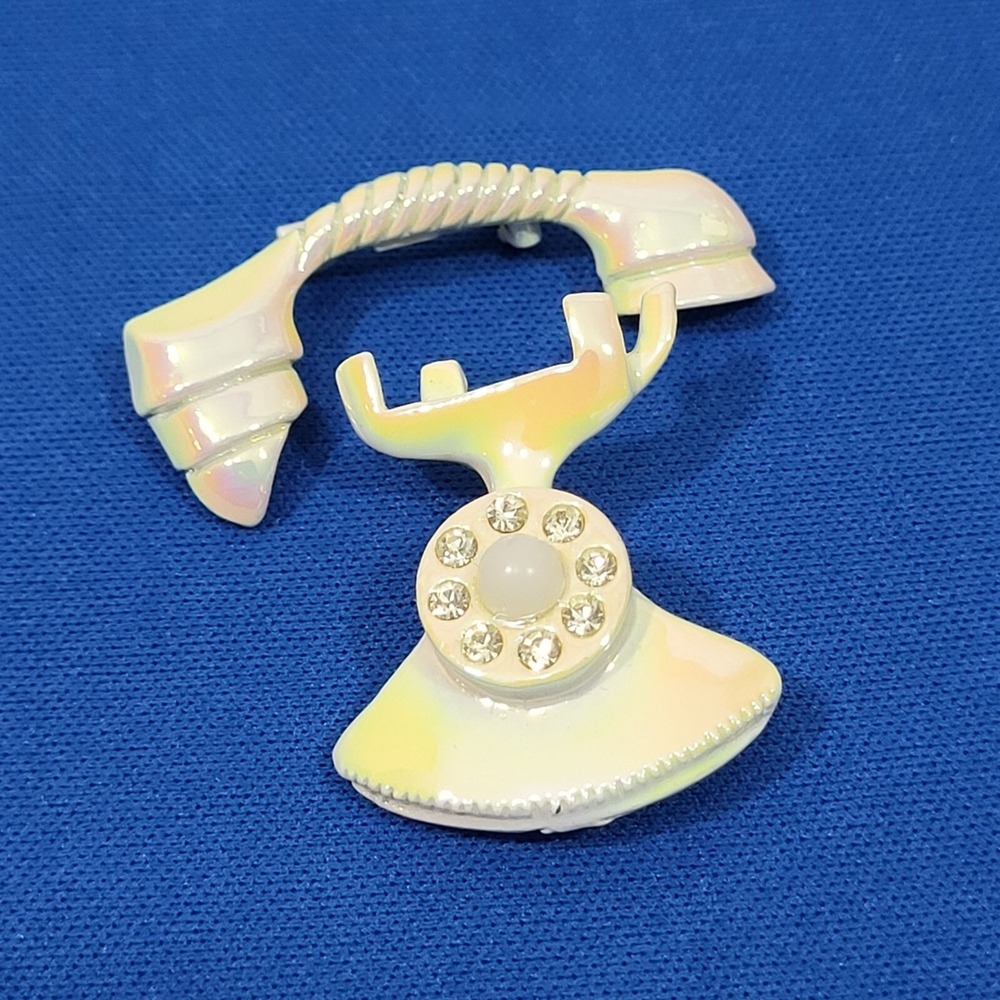 Vintage Style Rotary Phone Enamel & Rhinestone Brooch Set  2-Piece‎ Clip Design